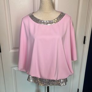 Batwing Pullover Silky Flowy Blouse in Light Pink Silver Sequin Trim Size Large
